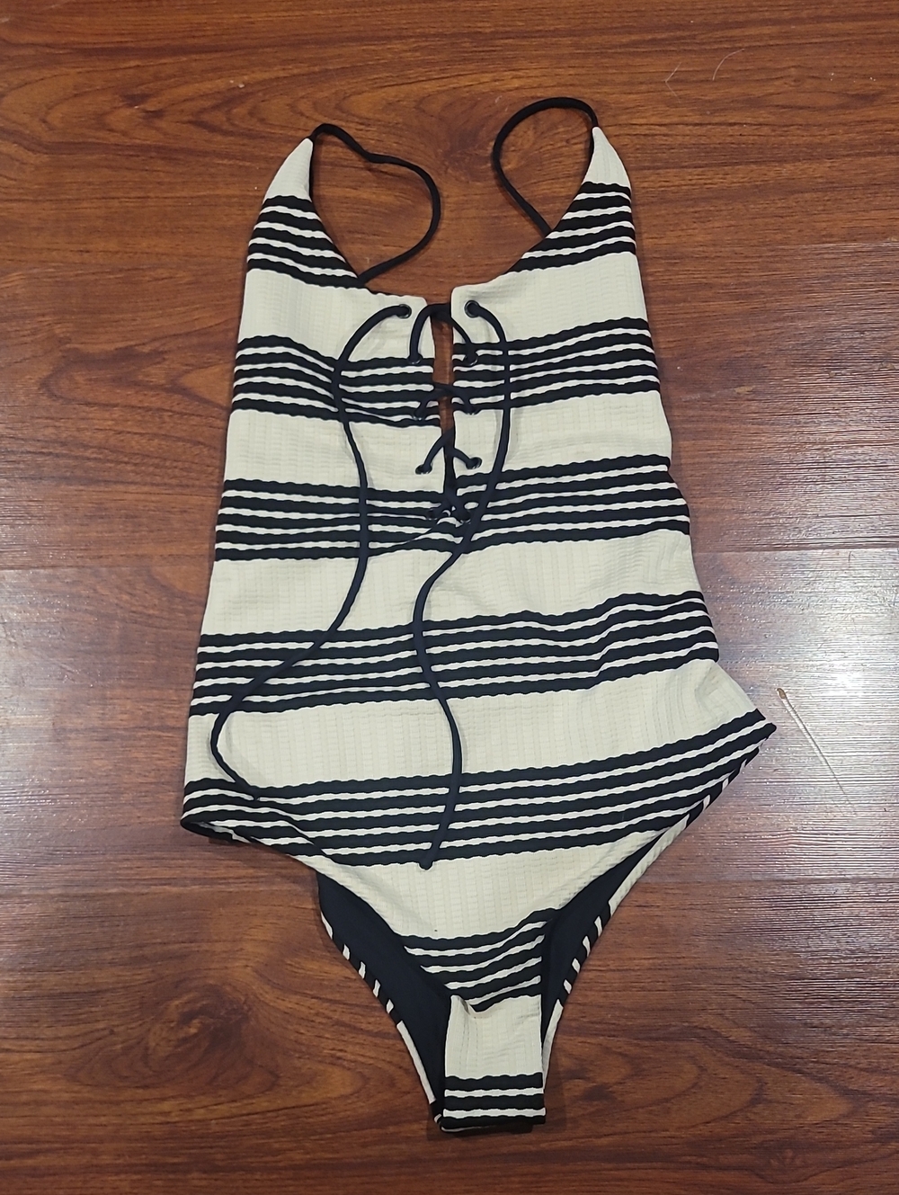 Striped Black and Cream Lace-Up One-Piece Swimsuit